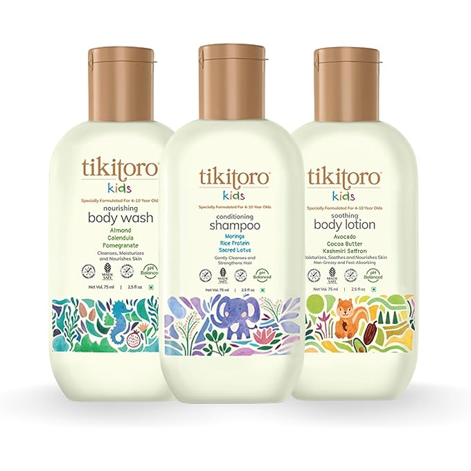 Tikitoro Kids Starter Pack 100% Vegan with Nourishing Body Wash, Soothing Body Lotion & Conditioning Shampoo, No Parabens & Sulphates (Age: 4+) (75 ml x 3) - Image 1